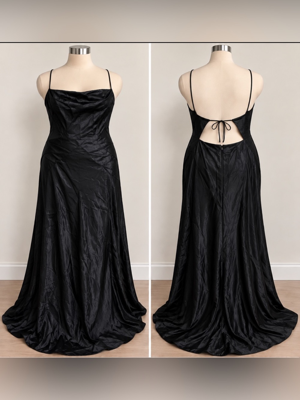 Vintage Arianna by Rachel Kaye Black Satin Maxi Gown Size 12 Tie Back Formal Y2K